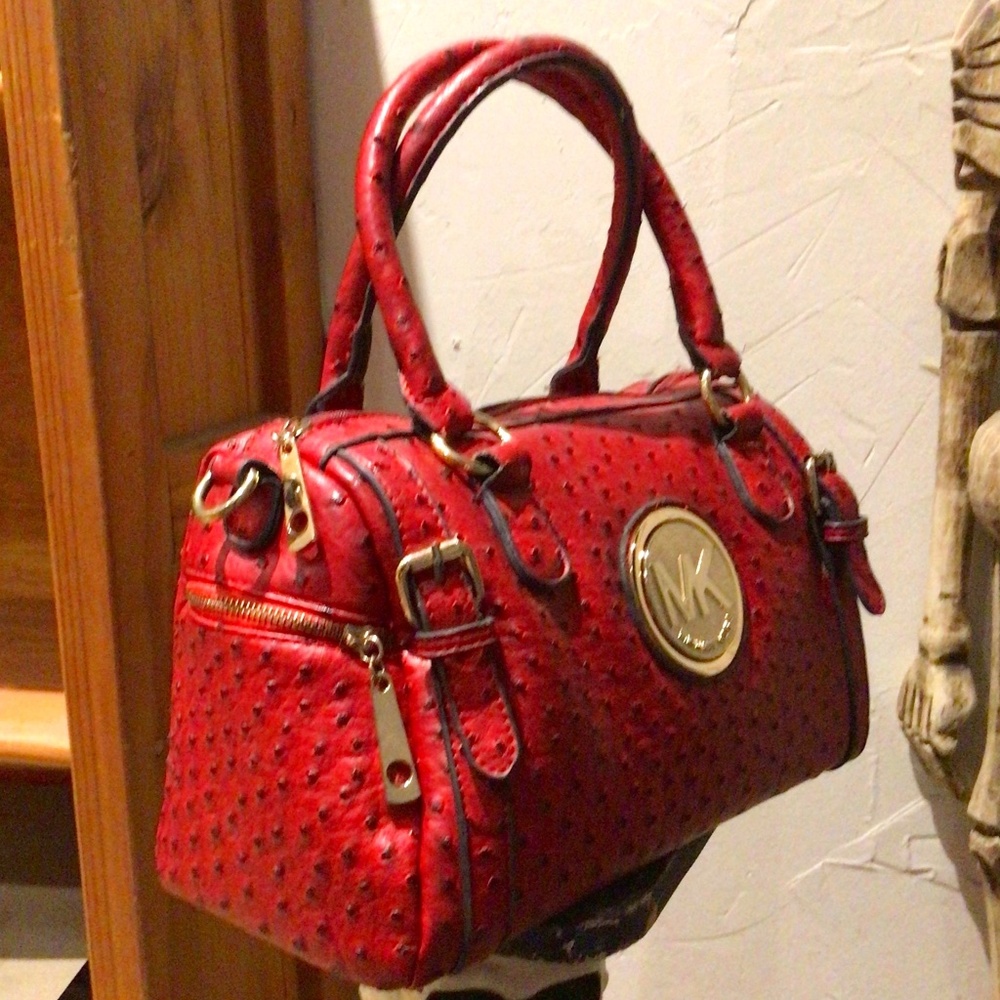 Michael Kors MK Red Ostrich Leather Medium Handbag - Rare find